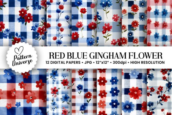 Red Blue Floral Gingham Pattern