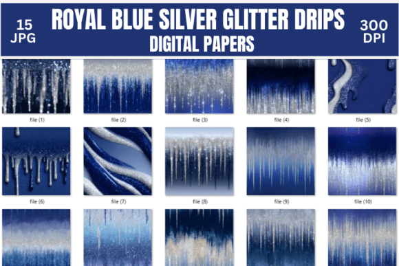 Royal Blue Silver Glitter Drips Digital: Elevate Your Winter Craft Projects with Elegance and Sparkle