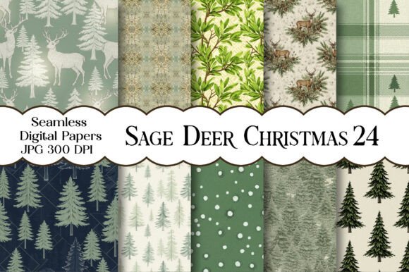 Sage Deer Christmas Digital Paper
