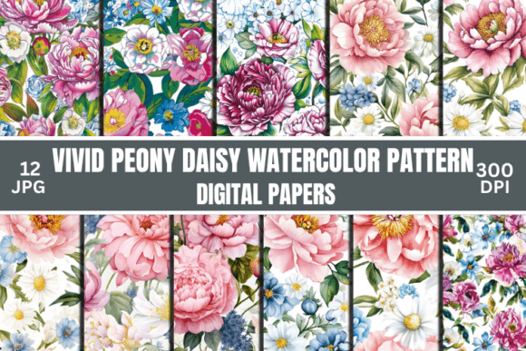 Vivid Peony Daisy Watercolor Pattern